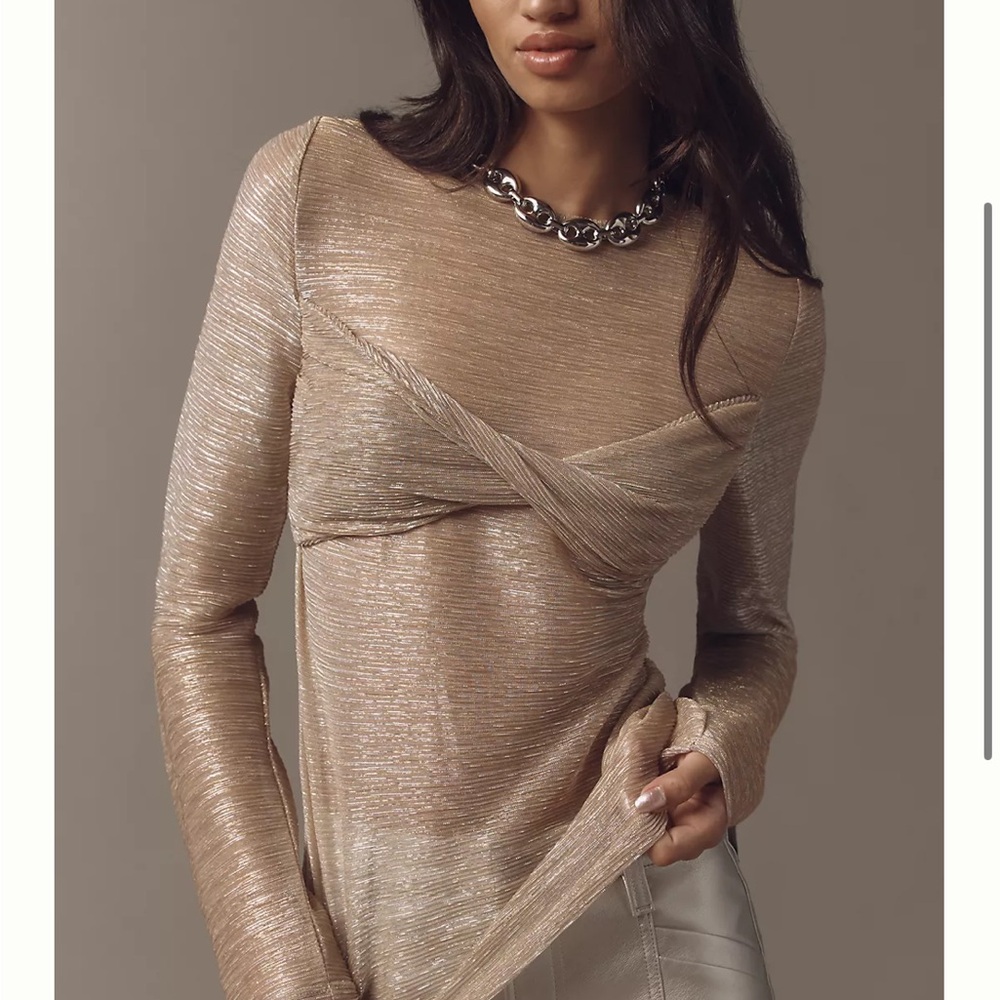 Anthropologie Gold Fitted Tie Front Blouse